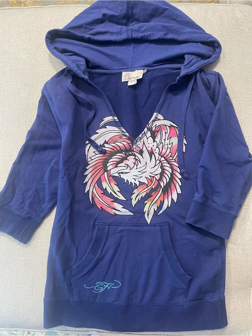 Ed Hardy Royal Blue Hoodie with Pink, White and Yellow Feather Heart
